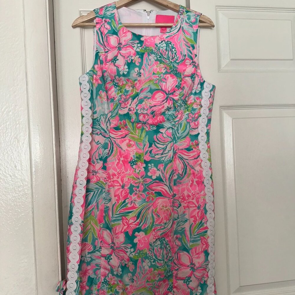Lilly Pulitzer Shift Dress – Floral Print with Lace Trim, Cotton (Size 10)